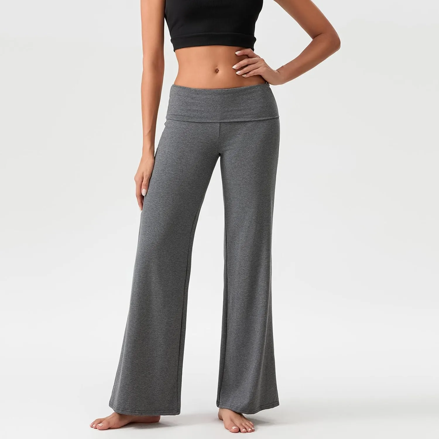 Womens Y2k Flare Leggings Fold Over Yoga Pants Wide Leg Beach Pants Foldover Waist Bootcut Sweatpants Bell Bottom