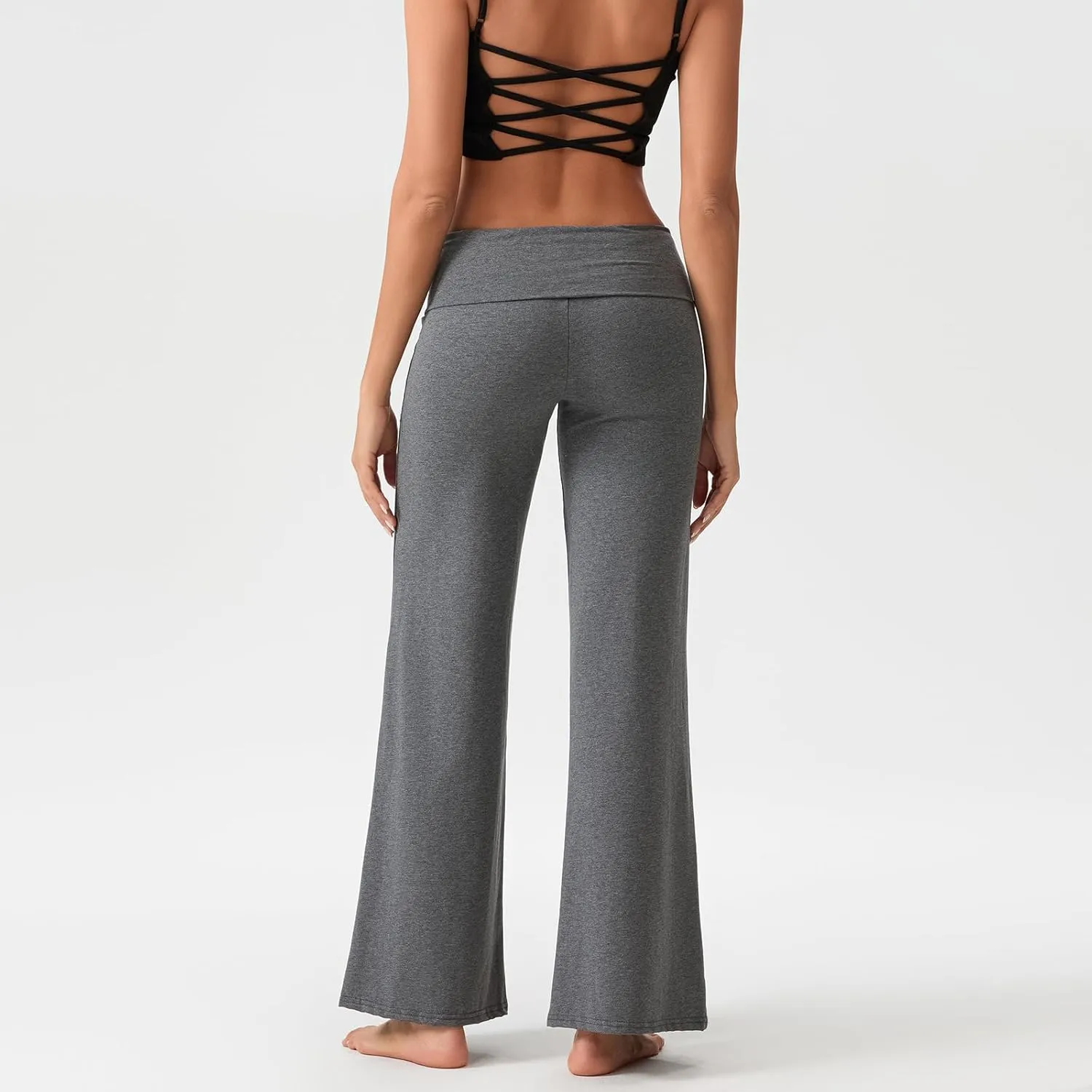 Womens Y2k Flare Leggings Fold Over Yoga Pants Wide Leg Beach Pants Foldover Waist Bootcut Sweatpants Bell Bottom