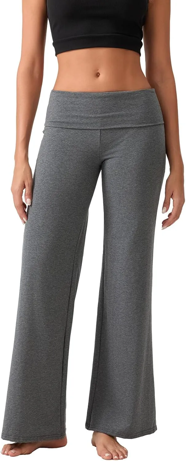 Womens Y2k Flare Leggings Fold Over Yoga Pants Wide Leg Beach Pants Foldover Waist Bootcut Sweatpants Bell Bottom