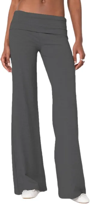 Womens Y2k Flare Leggings Fold Over Yoga Pants Wide Leg Beach Pants Foldover Waist Bootcut Sweatpants Bell Bottom