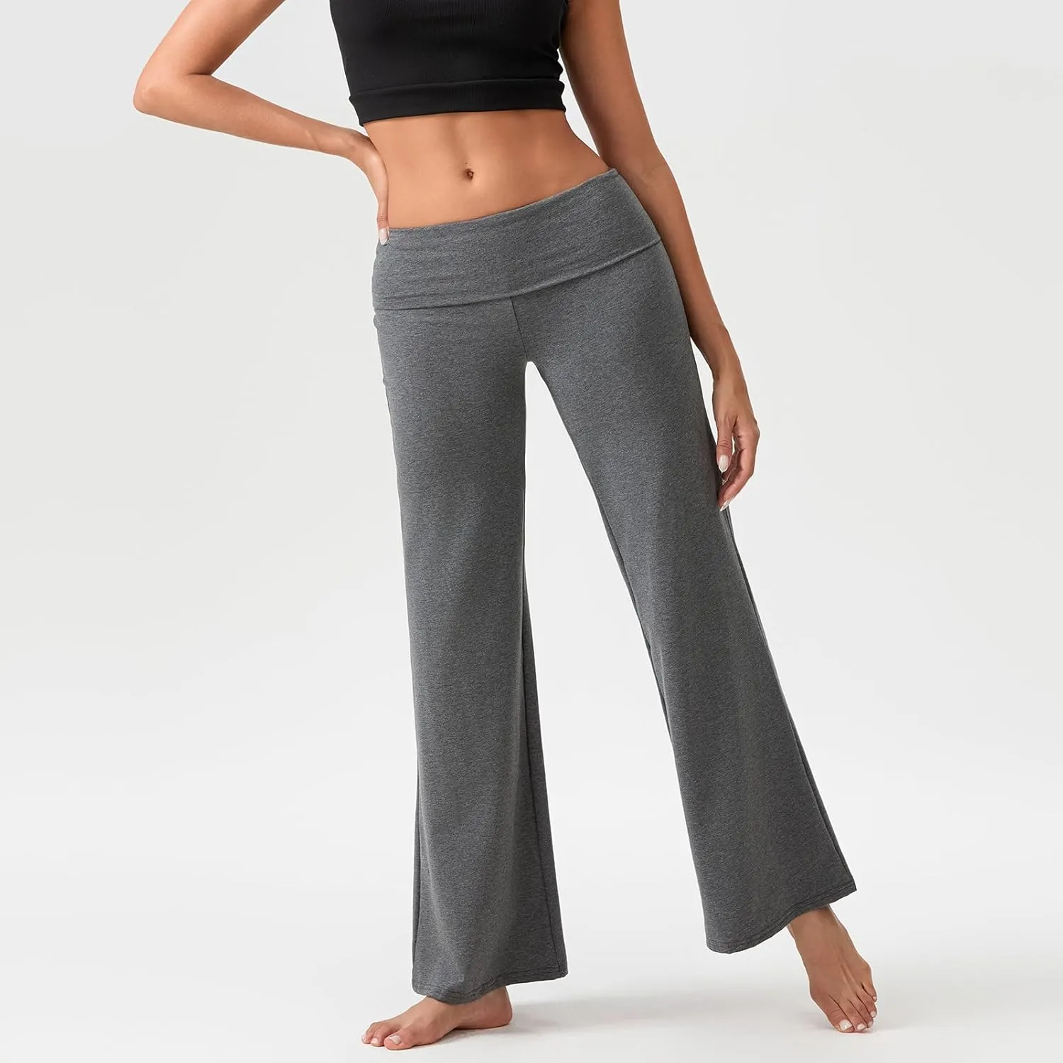 Womens Y2k Flare Leggings Fold Over Yoga Pants Wide Leg Beach Pants Foldover Waist Bootcut Sweatpants Bell Bottom