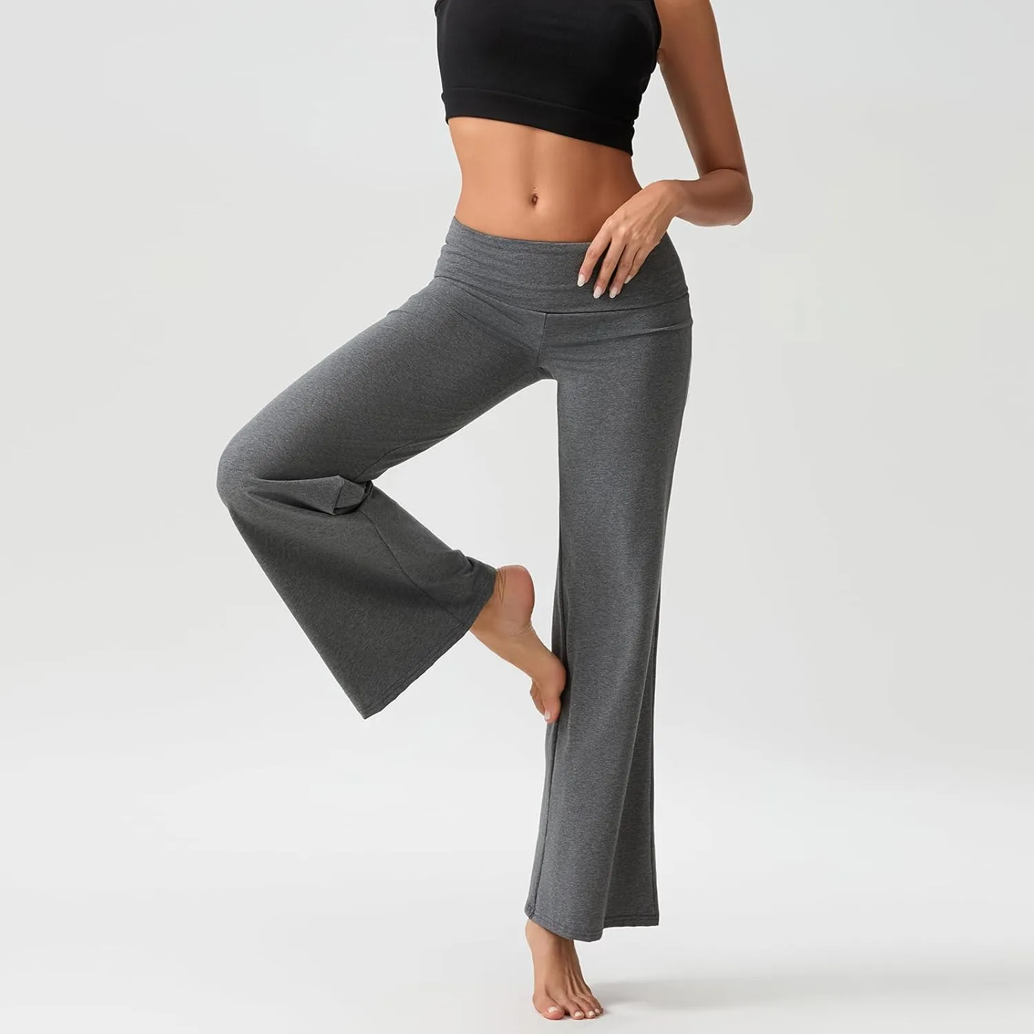 Womens Y2k Flare Leggings Fold Over Yoga Pants Wide Leg Beach Pants Foldover Waist Bootcut Sweatpants Bell Bottom