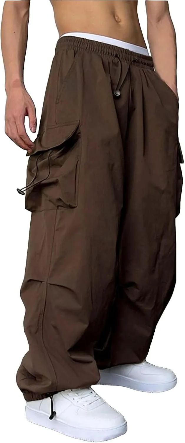 WZIKAI Men's Baggy Cargo Pants Casual Parachute Cargo Pants Loose Fit Hip Hop Harem Pants with Pockets
