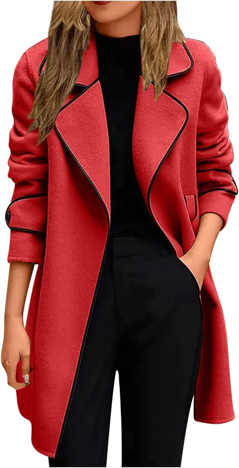 XUNRYAN Womens Trench Coat Long Sleeve Wool-Blend Jackets Notch Lapel Open Front Cardigan Fashion Coatigan Fashion Clothes