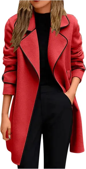 XUNRYAN Womens Trench Coat Long Sleeve Wool-Blend Jackets Notch Lapel Open Front Cardigan Fashion Coatigan Fashion Clothes