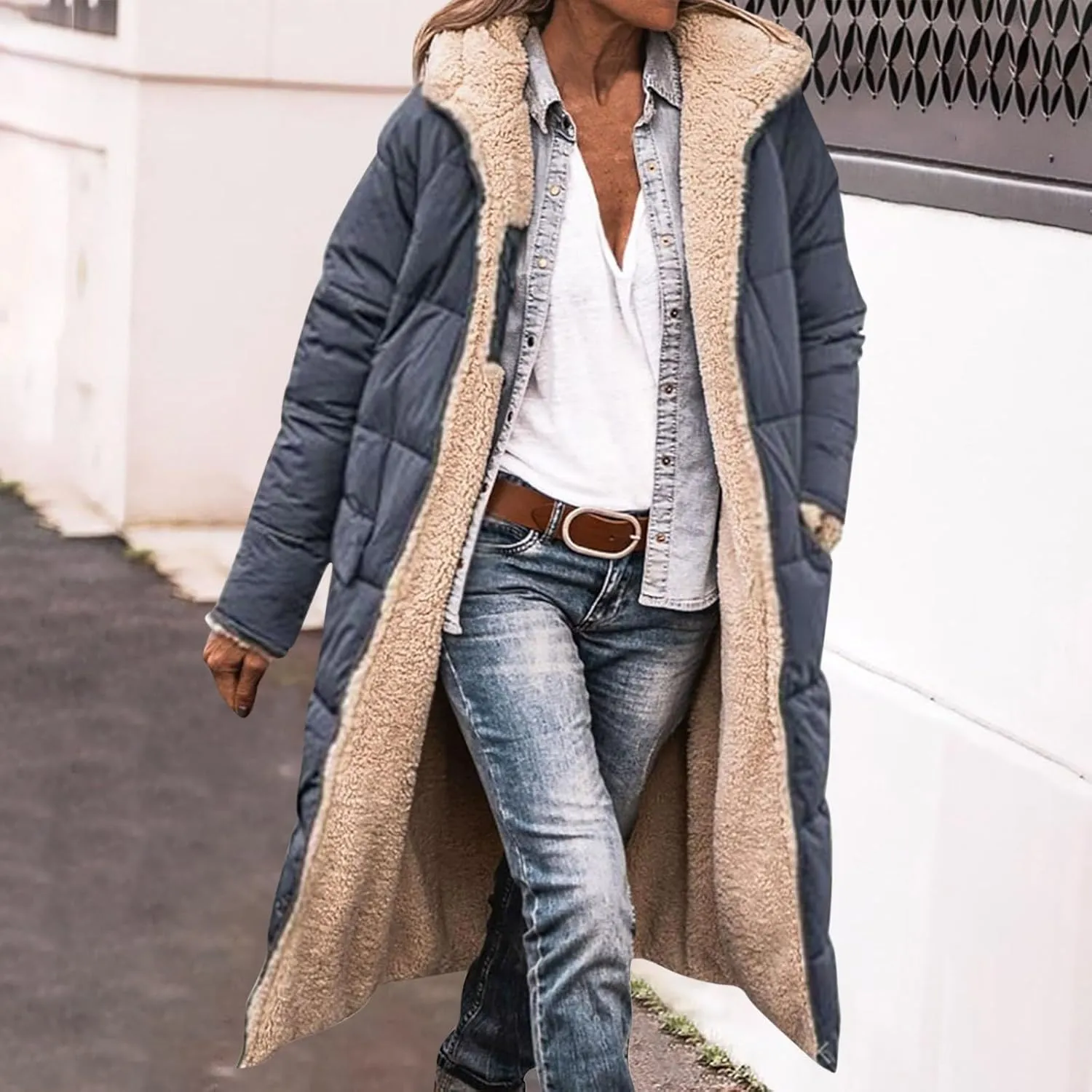 XUNRYAN Womens Winter Sherpa Puffer Jackets Zip Up Long Parka Quilted Lightweight Down Coat Fleece Lined Outdoor Anorak Hood