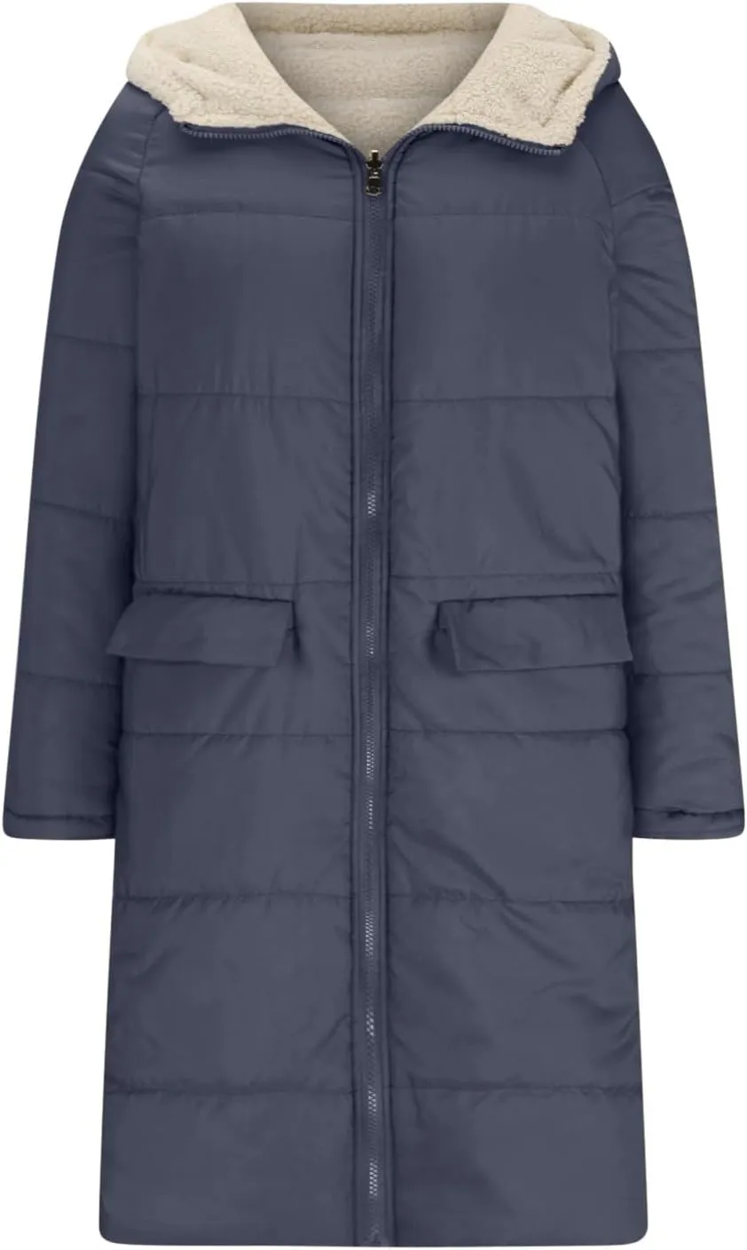 XUNRYAN Womens Winter Sherpa Puffer Jackets Zip Up Long Parka Quilted Lightweight Down Coat Fleece Lined Outdoor Anorak Hood