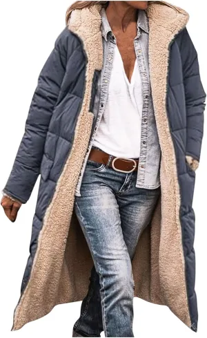 XUNRYAN Womens Winter Sherpa Puffer Jackets Zip Up Long Parka Quilted Lightweight Down Coat Fleece Lined Outdoor Anorak Hood