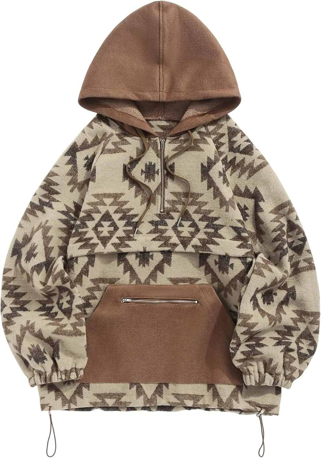 ZAFUL Men's Oversized Hoodie Quarter Zip Ethnic Aztec Print Loose Pullover Hooded Sweatshirt with Pocket