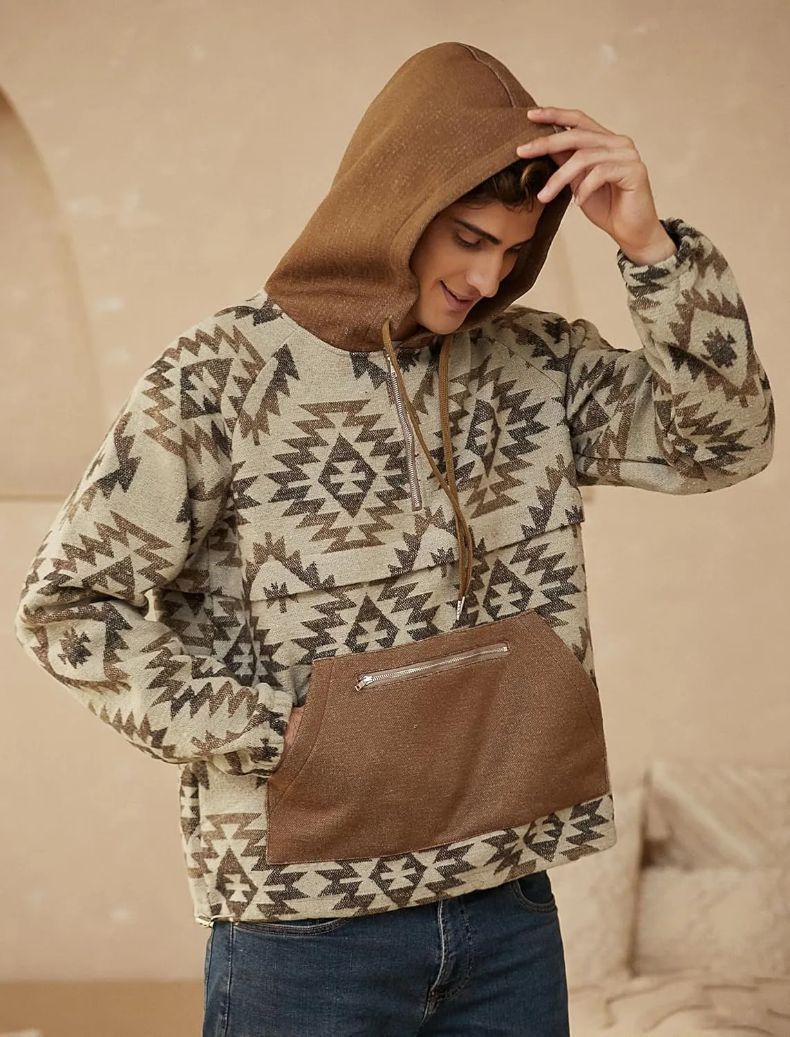 ZAFUL Men's Oversized Hoodie Quarter Zip Ethnic Aztec Print Loose Pullover Hooded Sweatshirt with Pocket