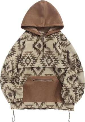 ZAFUL Men's Oversized Hoodie Quarter Zip Ethnic Aztec Print Loose Pullover Hooded Sweatshirt with Pocket