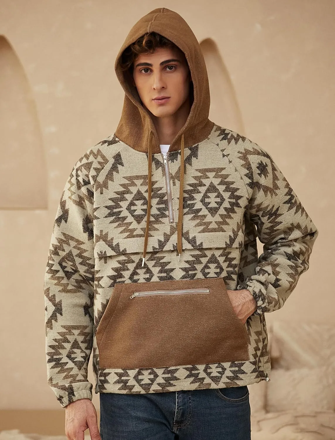 ZAFUL Men's Oversized Hoodie Quarter Zip Ethnic Aztec Print Loose Pullover Hooded Sweatshirt with Pocket