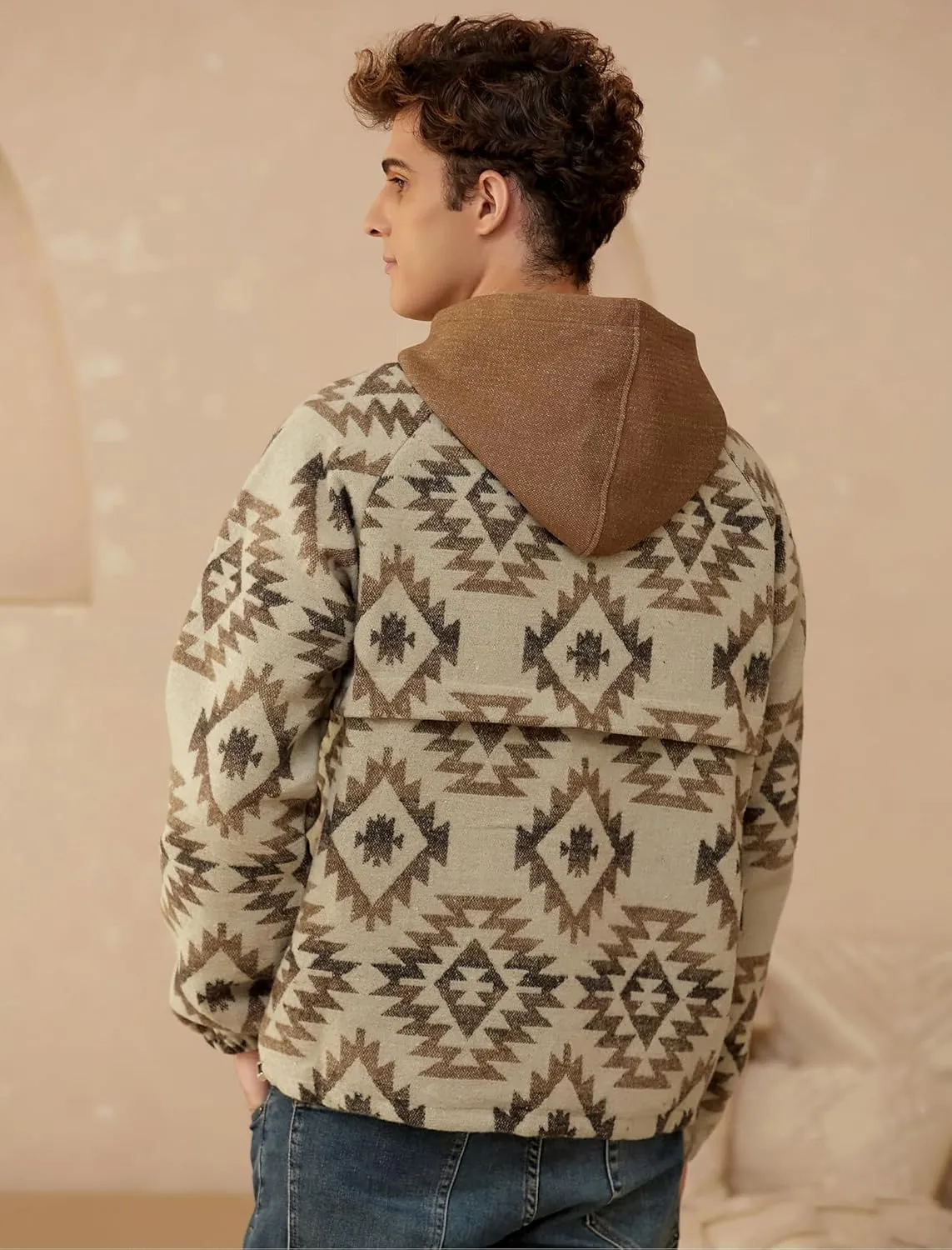 ZAFUL Men's Oversized Hoodie Quarter Zip Ethnic Aztec Print Loose Pullover Hooded Sweatshirt with Pocket