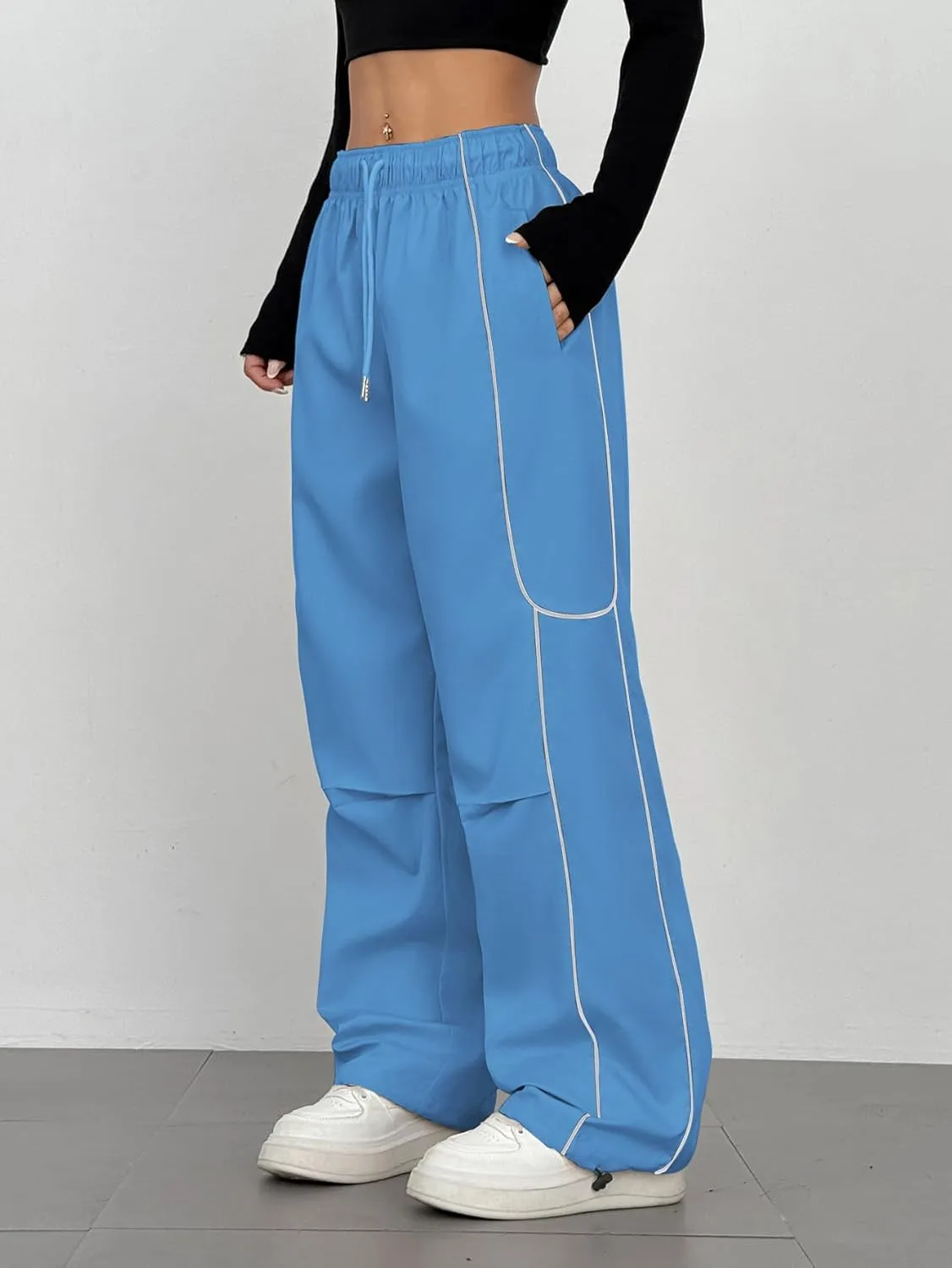 ZAFUL Parachute Pants for Women Sweatpants Y2K Contrast Pipping Cargo Trousers Jogger Pants with Pockets
