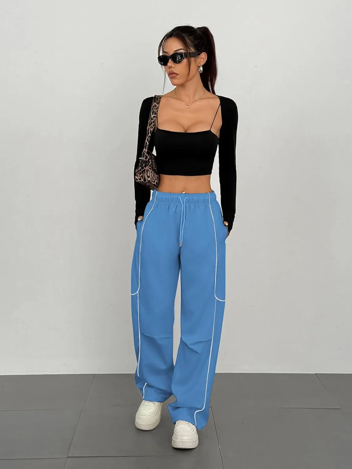 ZAFUL Parachute Pants for Women Sweatpants Y2K Contrast Pipping Cargo Trousers Jogger Pants with Pockets