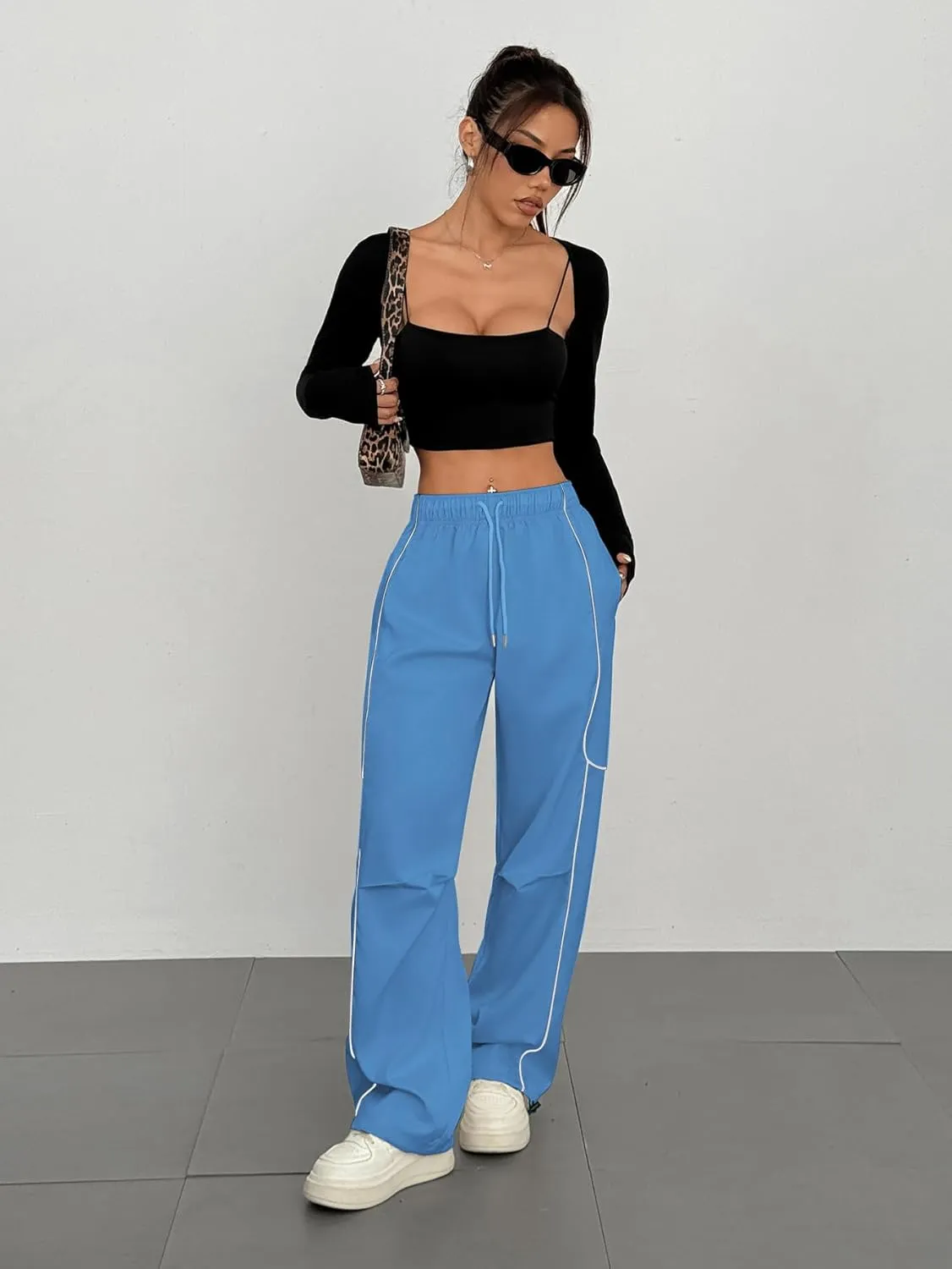 ZAFUL Parachute Pants for Women Sweatpants Y2K Contrast Pipping Cargo Trousers Jogger Pants with Pockets