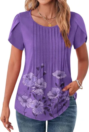Zeagoo Womens Tops Petal Short Sleeve Summer Casual Crew Neck Shirts Floral Solid Blouse Pleated Tunics