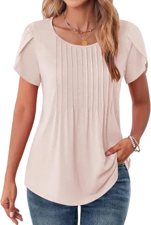 Zeagoo Womens Tops Petal Short Sleeve Summer Casual Crew Neck Shirts Floral Solid Blouse Pleated Tunics