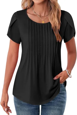 Zeagoo Womens Tops Petal Short Sleeve Summer Casual Crew Neck Shirts Floral Solid Blouse Pleated Tunics