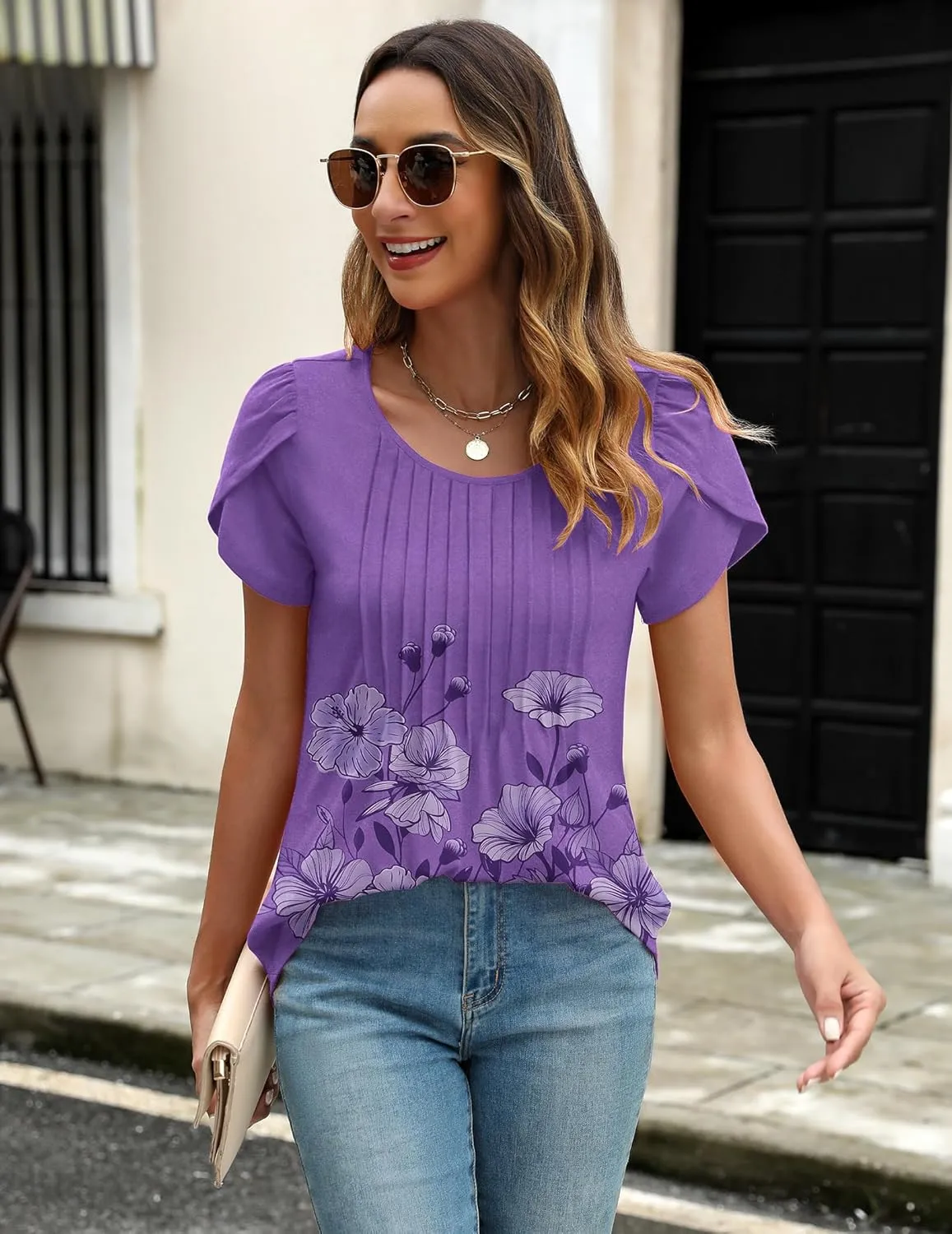 Zeagoo Womens Tops Petal Short Sleeve Summer Casual Crew Neck Shirts Floral Solid Blouse Pleated Tunics