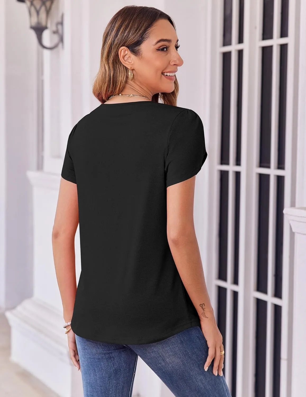 Zeagoo Womens Tops Petal Short Sleeve Summer Casual Crew Neck Shirts Floral Solid Blouse Pleated Tunics