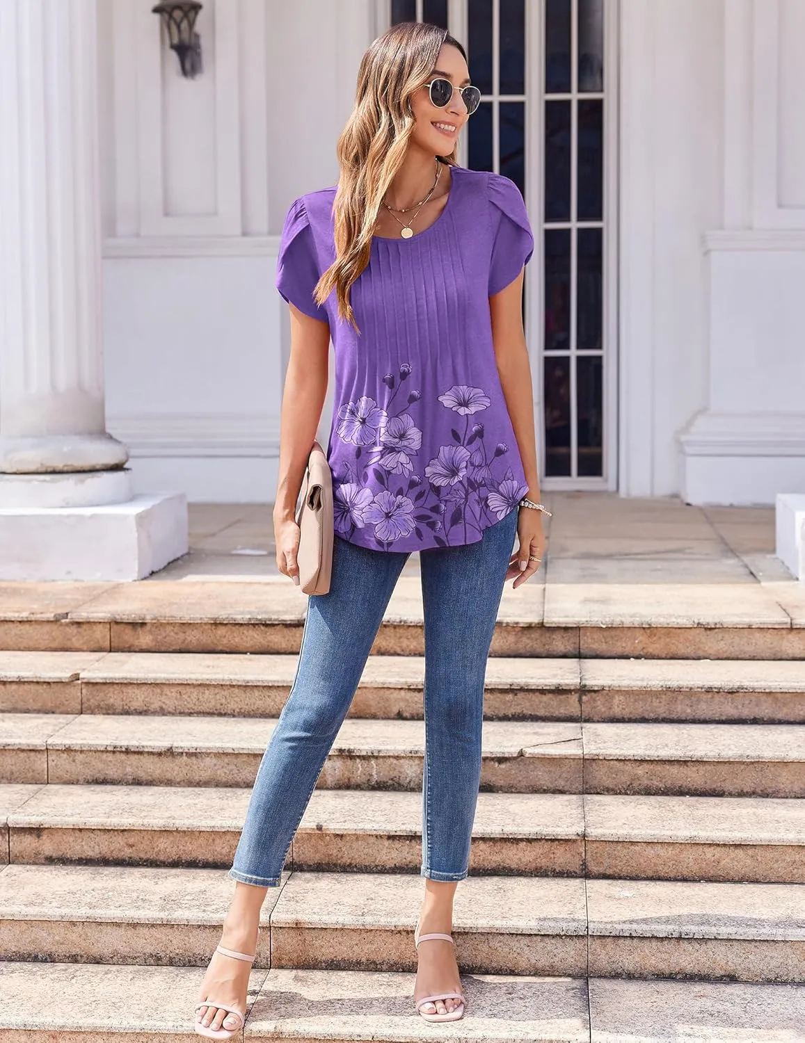 Zeagoo Womens Tops Petal Short Sleeve Summer Casual Crew Neck Shirts Floral Solid Blouse Pleated Tunics