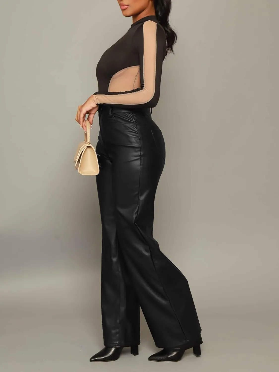 Zebaexf Women's High Waist Faux Leather Pants Straight Leg Jeans Leather Look Pants