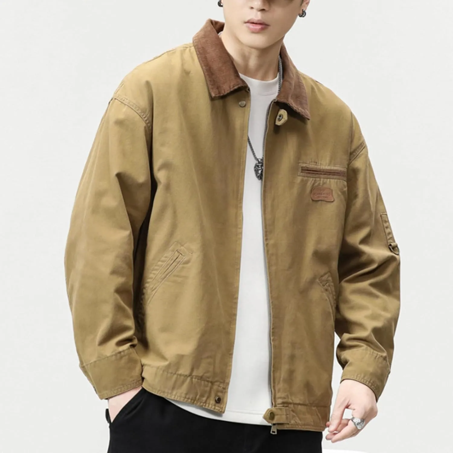 Zeiyignr Men's Lightweight Trucker Jacket Casual Cotton Work Jackets Turn-Down Collar Cargo Jacket Full Zip Coat with Pockets