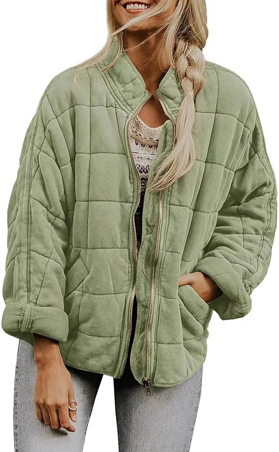 Zip Up Women's Diamond Quilted Jackets Warm Winter 2023 Western Quilted Coats Classic Long Sleeve Cotton Padded Down
