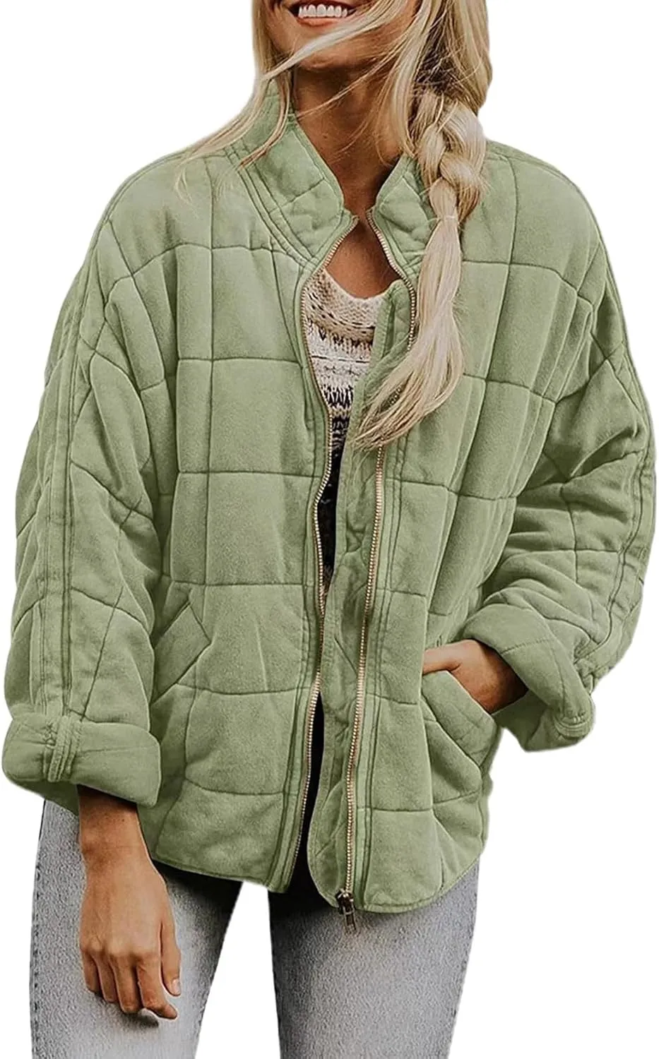 Zip Up Women's Diamond Quilted Jackets Warm Winter 2023 Western Quilted Coats Classic Long Sleeve Cotton Padded Down