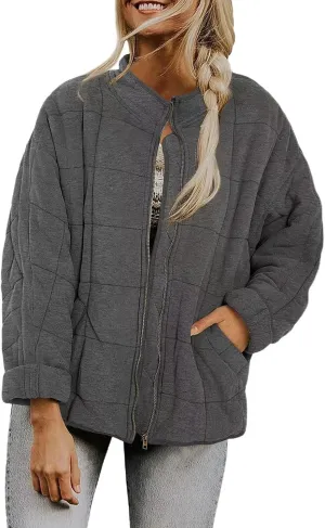Zip Up Women's Diamond Quilted Jackets Warm Winter 2023 Western Quilted Coats Classic Long Sleeve Cotton Padded Down