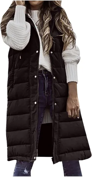 Zkuisw Cotton Jackets for Women 2024 Winter Solid Hooded Single-Breasted Mid-Length Coat Vest Padded Sleeveless Pocket Jacket