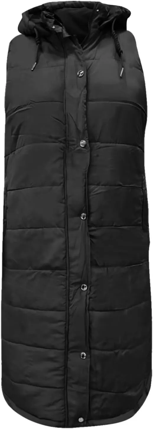 Zkuisw Cotton Jackets for Women 2024 Winter Solid Hooded Single-Breasted Mid-Length Coat Vest Padded Sleeveless Pocket Jacket