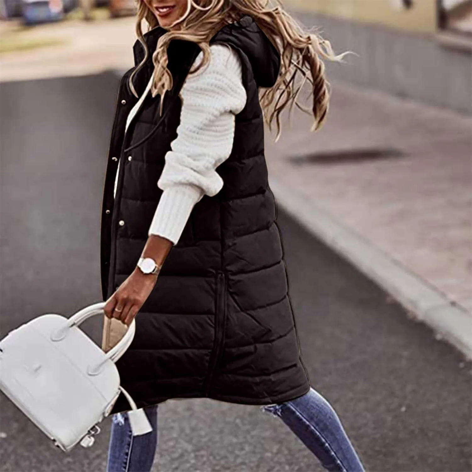 Zkuisw Cotton Jackets for Women 2024 Winter Solid Hooded Single-Breasted Mid-Length Coat Vest Padded Sleeveless Pocket Jacket