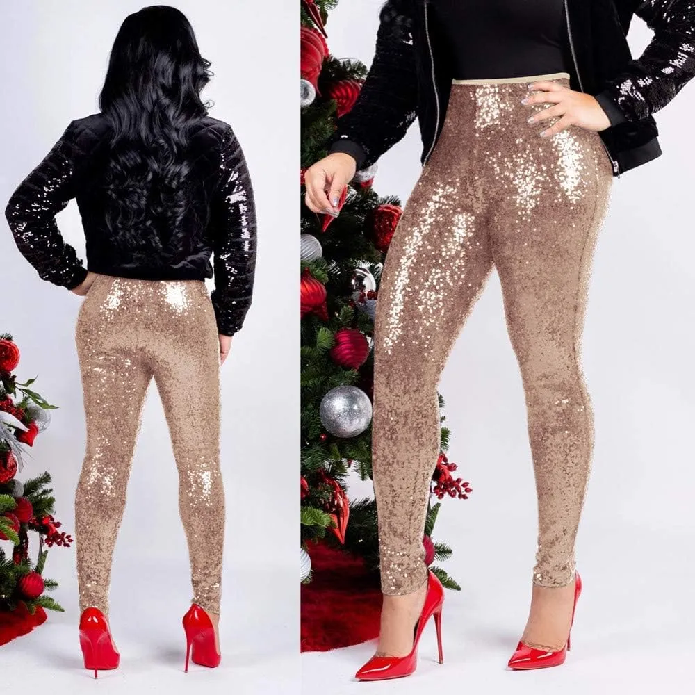 ZYXTIM Women's Shiny Sequin Petite Pants High Waist Stretchy Casual Hip Hop Club Wear Straight Leg Plus Size Pencil Pant